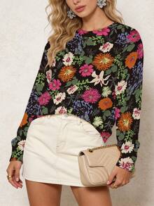 Women's Autumn Vintage Floral Print Knit Sweater, Round Neck Pullover Knit Top, Eye-Catching Outfit For Outings - Multicolor - View 12