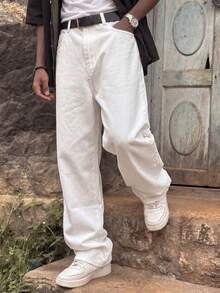 Y2K Retro Style Men's Black Vintage Washed Loose Straight Leg Jeans, Perfect Gift For Husband Or Boyfriend - White - View 4