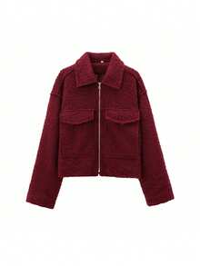 Women Fashion With Pockets Front Zipper Jackets Vintage Front Pockets Long Sleeves Female Chic Lady High Street Zip Up Jacket Red - Red - View 5