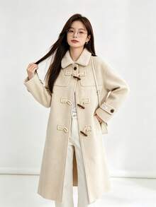 Lamb Wool Lapel Vintage Horn Button Overcoat Pocket Jacket College Office Daily Autumn/Winter - Apricot - View 8