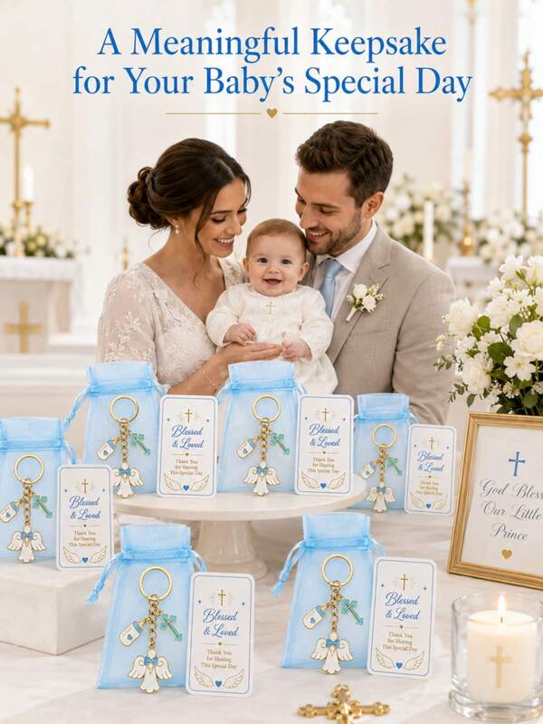 60Pcs/20Sets Elegant Christian Baby Boy Baptism Favor Set - Angel Cross Keychain With Thank You Card & Organza Bag, Christening Party Guest Gifts