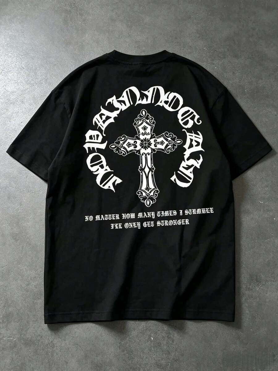 American-Style Men's T-Shirt With English Print, Suitable For Outdoor Activities - 黑色 - 查看 1