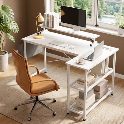 OYAJIA Gaming Tisch L Form mit Ladefunktion, Ergonomisches Gaming Schreibtisch mit höhenverstellbarem Ständer für 27-Zoll-Monitore, Eckschreibtisch mit Aufbewahrungstasche für Homeoffice und Gaming, 108x50x75cm, Weiß