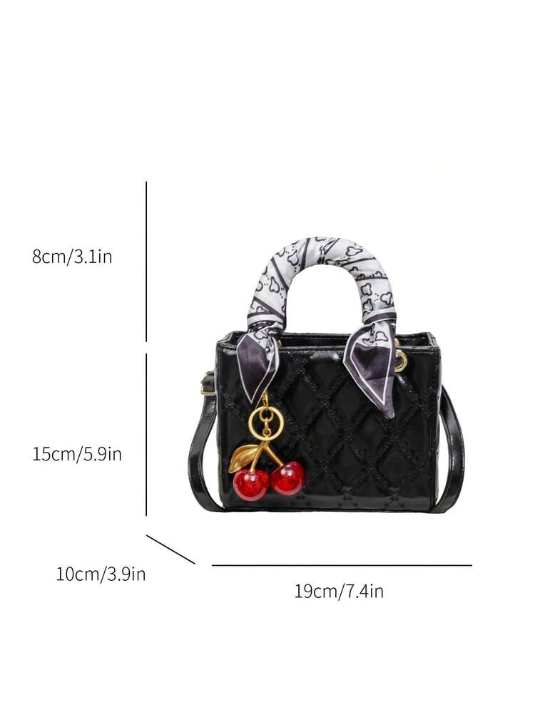 Fashionable New Women's Handbag Solid Color Minimalist PU Small Square Bag Elegant Sophisticated High-End Versatile Suitable For Dating Shopping Exquisite Bag With Silk Scarf And Cherry Pendant Valentine's Day Gift - Black - View 11