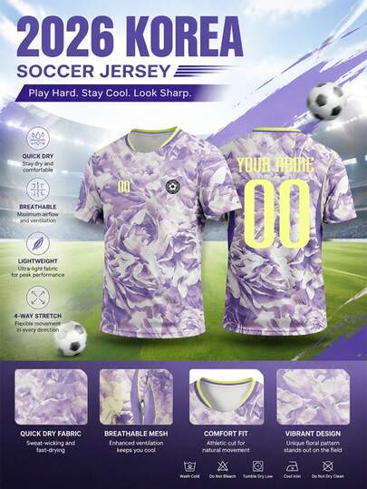 Camiseta de fútbol personalizada 2026 con estampado floral púrpura de Corea, personaliza tu nombre, número y logotipo del equipo, uniforme para partidos de fútbol, camiseta de entrenamiento deportivo, material de secado rápido, cómodo y transpirable, adecuado para juegos de equipo, entrenamiento, deportes, uso casual, apoyo en partidos, regalos de vacaciones, moda de vanguardia para la temporada primavera/verano