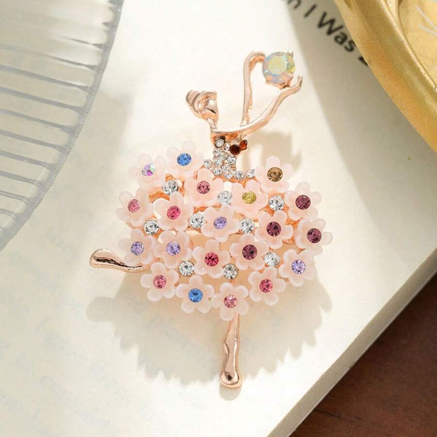 1 chiếc ghim cài áo thiết kế vũ công ballet hoạt hình thời trang, hoa cài ngực đính đá rhinestone nhiều màu thanh lịch, phù hợp đeo hàng ngày và làm quà tặng lễ hội - Vàng hồng - Xem 1