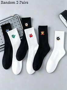 1/3/6 Pairs Cartoon Monster Embroidered Men's Mid-Calf Sports Socks, Breathable And Moisture-Wicking, Daily Sports Basketball Socks, All-Season Versatile - Black and White - View 12