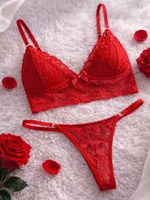 Lace Lingerie Set Seduction Side Adjustment Sensual Feminine Sexy - 紅色 - 查看 7