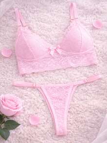 Seduction Lace Lingerie Set Side Adjustment Sensual Feminine Sexy - 粉色 - 查看 5