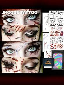 JKCODE TATTOO 6pcs Halloween Eyeshadow Tattoo Sticker Set | Halloween Temporary Tattoo Stickers With Scary Scar Tattoo Stickers Set, Halloween Sticker Set, Women's Party Costume Accessories, 3D Scar Pattern, Scary Costume Stickers Party Favors - Red - View 4