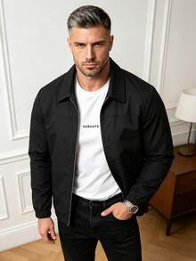 Men's Spring/Autumn Fashion Casual Jacket, Minimalist Versatile Lapel Collar Outerwear - Black - View 2