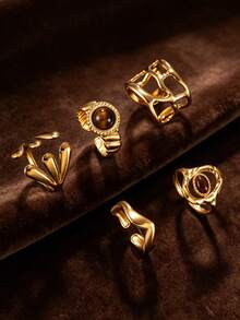 5pcs Maillard Vintage Gold-Plated Stainless Steel Open Rings, Hollow Asymmetrical Tiger Eye Stone Texture Mixed Finger Rings, Men's Daily Layering Ring Set - Gold - View 6