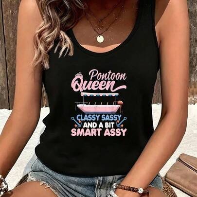 Women's "Pontoon Queen" Cartoon Pontoon Boat Print Scoop Neck Tank Top, Breatha…