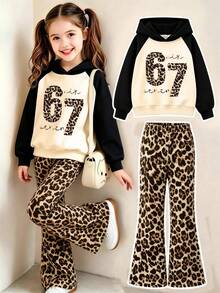 2pcs Set Tween Girls Hooded Sweatshirt & Leopard Print Flared Pants, Leopard Print "67" Pattern Hooded Sweatshirt + Leopard Print Flared Pants Set, Suitable For Autumn/Winter Daily Wear - Multicolor - View 1
