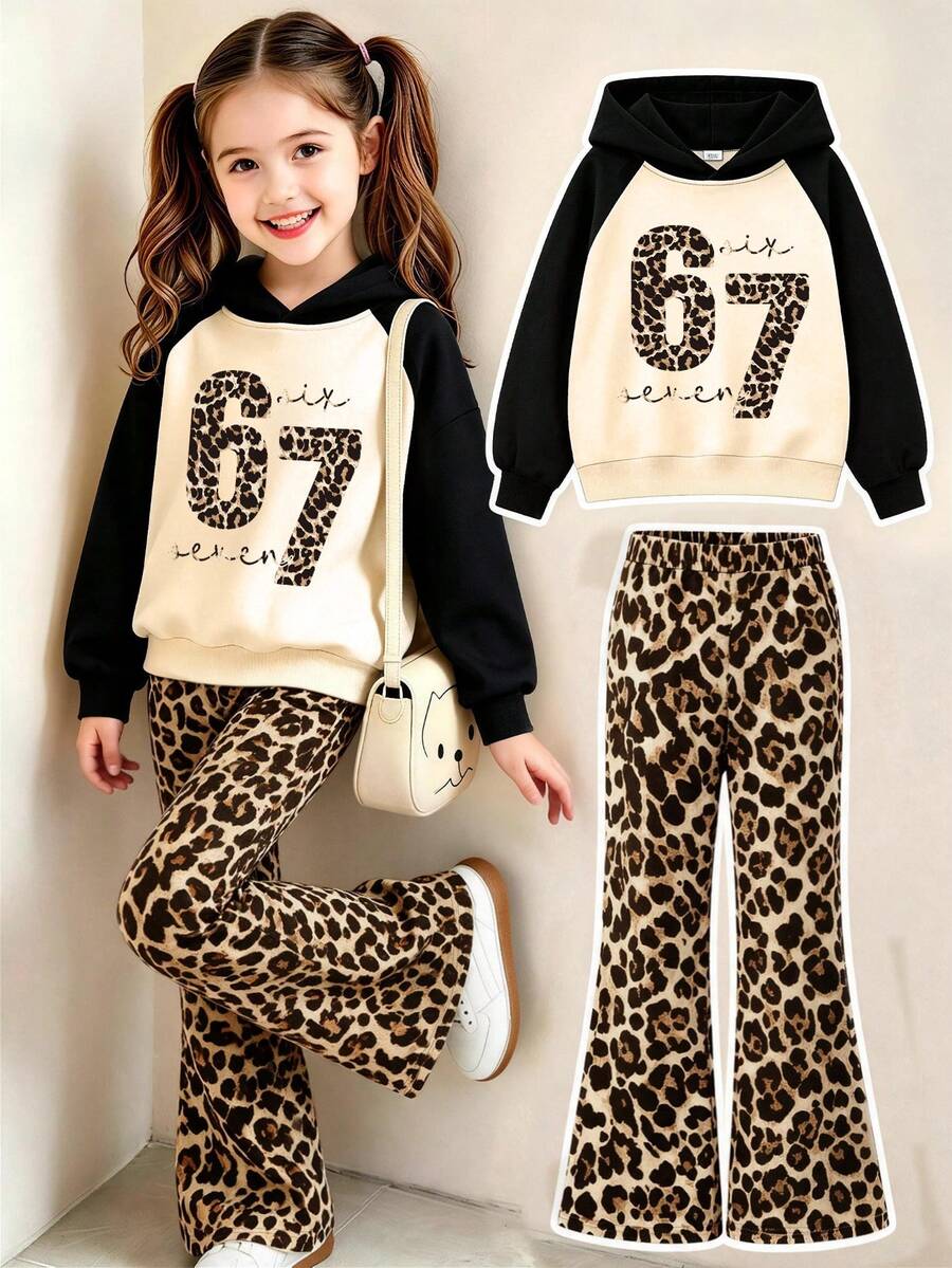 2pcs Set Tween Girls Hooded Sweatshirt & Leopard Print Flared Pants, Leopard Print "67" Pattern Hooded Sweatshirt + Leopard Print Flared Pants Set, Suitable For Autumn/Winter Daily Wear - Multicolor - View 1