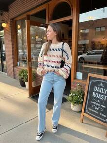 Women's Multicolor Striped Crew Neck Sweater, Long Sleeve Loose Fit Rib-Knit Pullover, Casual Fall Winter Knitwear For Everyday Comfort And Style - Beige - View 4