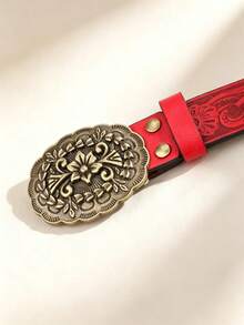 1 pièce Ceinture pour homme en PU rouge avec motif volute et boucle sculptée vintage western usée, cadeau pour la Saint-Valentin et l'anniversaire, convient pour une tenue de voyage - Rouge - Voir 4