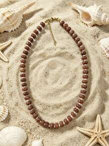 1pc European & American Bohemian Round Geometric Natural Stone Cracked Effect Beaded Short Necklace With Stainless Steel Accessories For Women, Summer Beach Vacation - Handmade Stone Beaded Necklace With Stainless Steel Accents - View 25