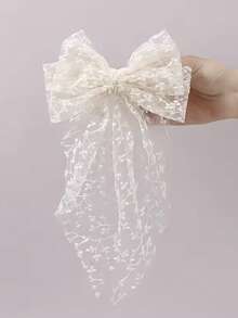 1件裝蕾絲蝴蝶結春季髮夾，甜美氣質仙女風刺繡長緞帶髮夾，髮飾 - 白色 - 查看 5