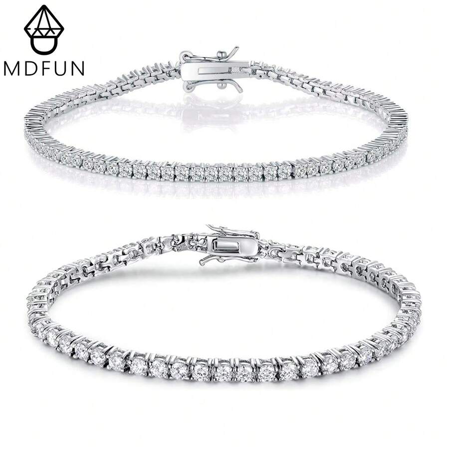 MDFUN 2Pcs 18K White Gold Plated Tennis Bracelet Set, 2mm & 3mm Zirconia Chain For Men Women - White - View 1
