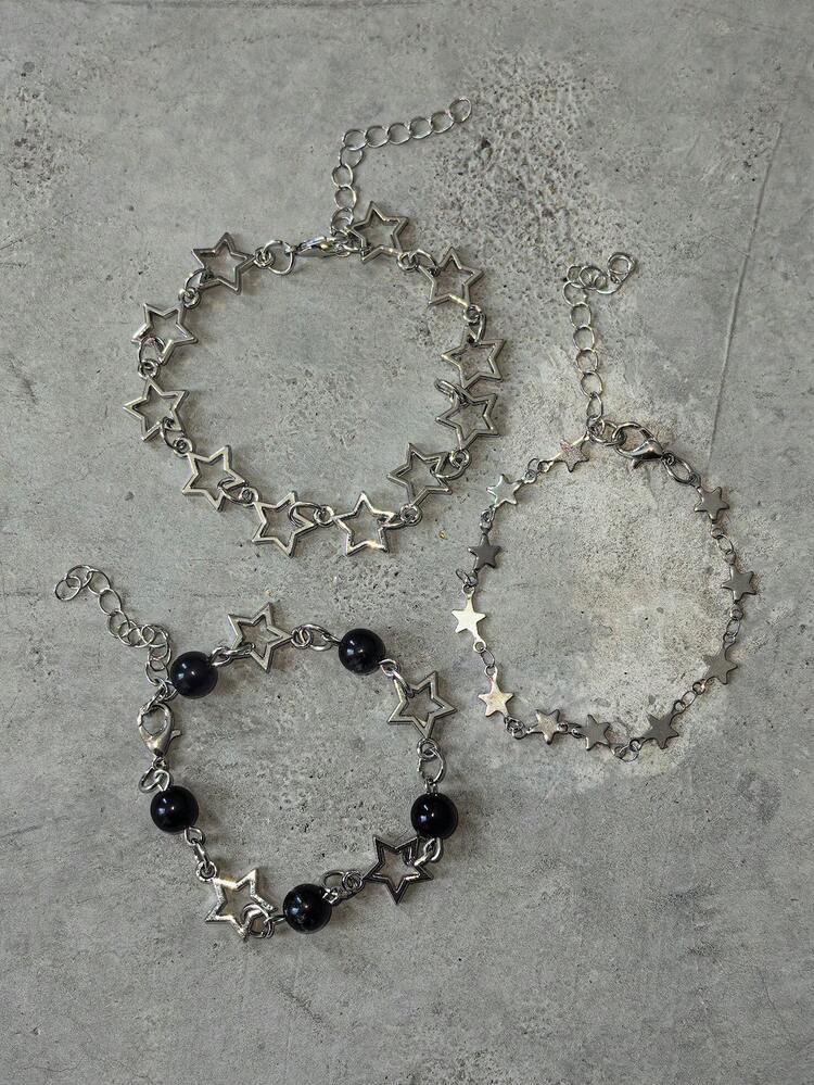 3pcs Dark Asian Harajuku Style Silver Metal Solid & Hollow Star Black Bead Layered Chain Bracelet Set, Punk Nightclub Jewelry For Girls - Multicolor - View 3