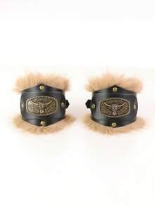 1 par de protectores de muñeca vikingos, brazaletes unisex ajustables de cuero PU con ribete de piel sintética, decoración de metal con cabeza de toro vintage, accesorios de disfraz de vaquero occidental y renacentista, accesorios de COS medieval, accesorios de disfraz de Halloween - Decoraciones de manos - Ver 2