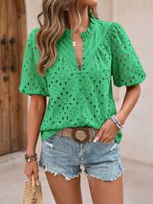 PRETTYGARDEN Women's Summer Clothes Tops Fashion Casual Short Sleeve V Neck Buttons Hollow Eyelet Lace Embroidered Blouses Shirts Festival  Beach Vacation - 綠色 - 查看 6