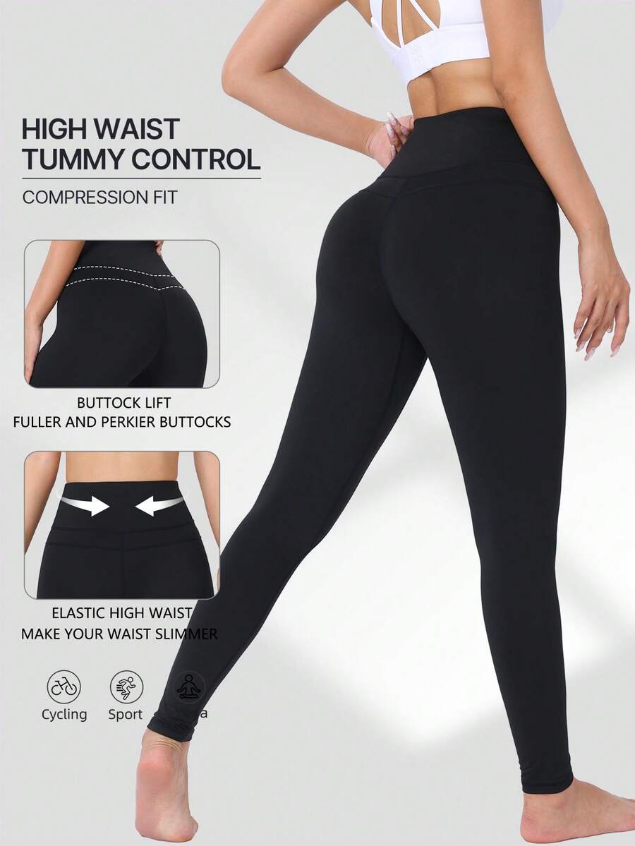 Spring Summer Autumn High Waist Women's Tight Leggings, Running Workout Cycling Long Pants Black Sports Fall - Black - View 1
