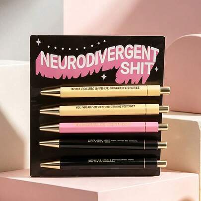 5pcs Neurodiversity Slogan Retractable Ballpoint Pens Set, Black Pink Cream Yellow INS Luxury Style, Niche Quirky Student Office Signing Gift Pens, Creative Holiday Gift For Best Friend And Classmate