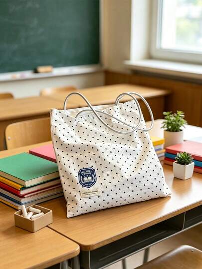 1pc Polka Dot Canvas Shoulder Bag, Minimalist College Style Large Capacity Commuter Tote Bag, Built-In Compartments For Books, Notebooks, Water Bottles And Personal Accessories, Lightweight And Soft Foldable Storage, Suitable For College Students, University Staff, College Style Outfits, Daily Commute, Campus Classes Book Storage, Office Commute Document Carrying, Weekend Short Trips Personal Belongings, College Style Outfit Matching, Back To School Practical Carry-On Bag, Teacher's Day Lightweight Gift