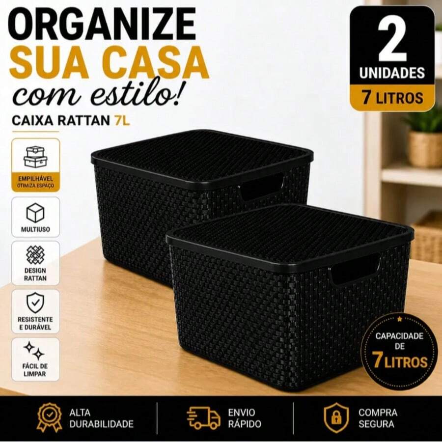 Kit Com 2 Caixas Cestos Organizadores Rattan Com Tampa 7L - Visão 1