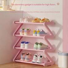 1pc 4-Tier Large Z-Shaped Shoe Rack, Easy Assembly Without Tools, Pink Plastic Stackable Storage Shelf, Suitable For Home, Dorm And Living Room, Space-Saving Floor Design, Shoe Storage Organizer - View 4