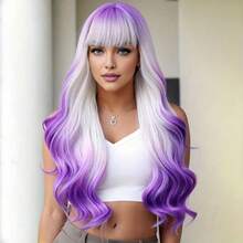 Women's Lavender Long Curly Wig With Bangs - Gradient Purple, High-Quality Synthetic Fiber, Comfortable Rose Net Cap, Multiple Styling Options, Wig Accessories - Purple Ombre - View 10