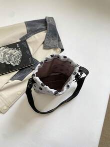 1Pc Nylon Solid Color Drawstring Bucket Bag With Polka Dot Pattern, Fashion Crossbody Shoulder Bag For Women - Grey - View 7
