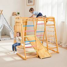 Indoor Playground Jungle Gym, 9-In-1 Montessori Climbing Toys For Toddlers, 250LBS Wooden Indoor Playground Playset With Monkey Bar, Swings, Slide, Rope / Wooden Ladder, Climbing Net, Bar & Rock - Colorful, 9-in-1, L - View 9