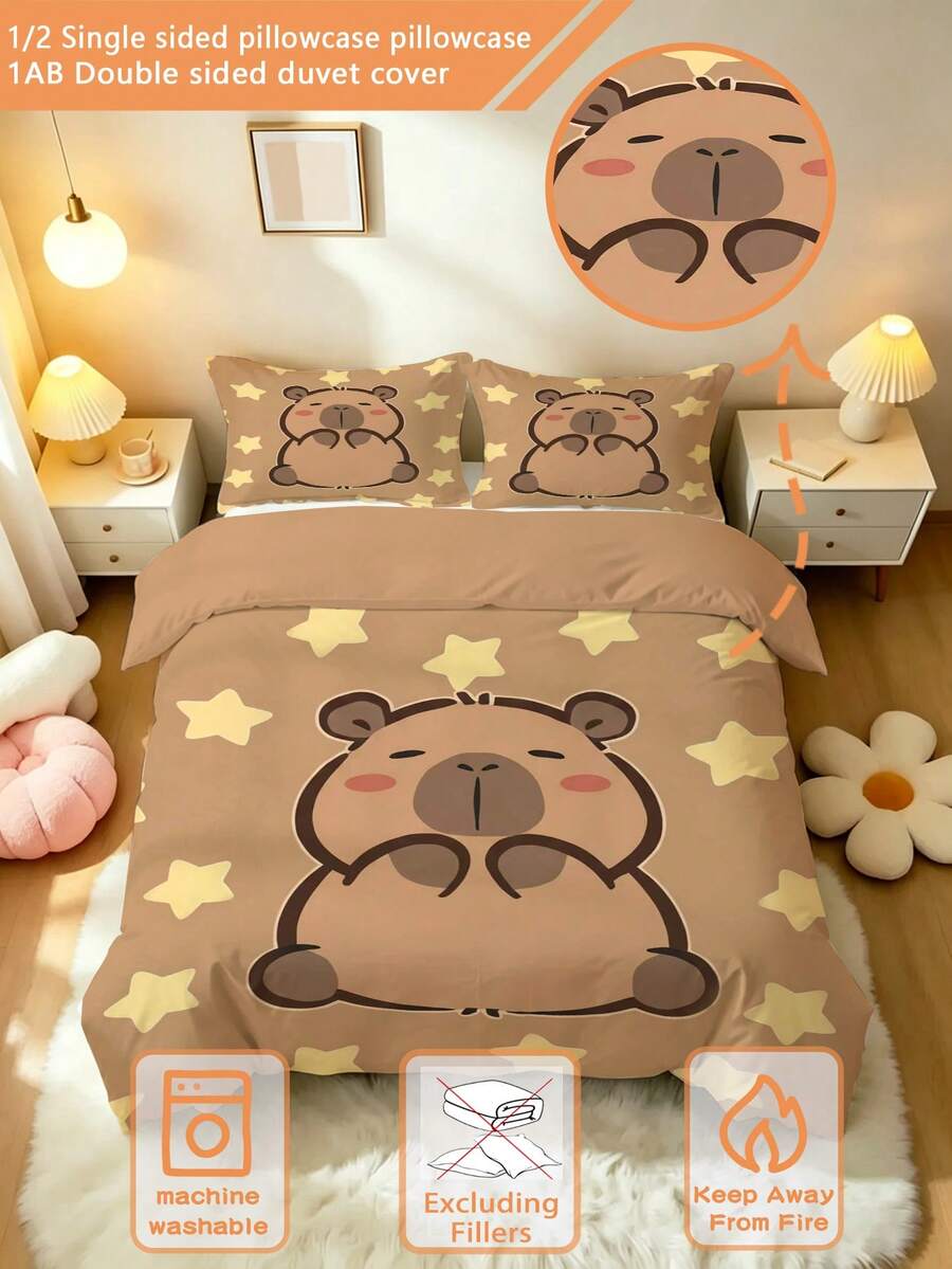 2/3pcs Cartoon Capybara Duvet Cover Set, Single/Double/Queen/King Bedding Set, 3D Printed Cartoon Bedding, Suitable For Girls, Children, Teenagers, 1 Duvet Cover + 1/2 Pillowcases, All Seasons, Zipper Closure (No Filling), 100% Polyester - Multicolor - View 1