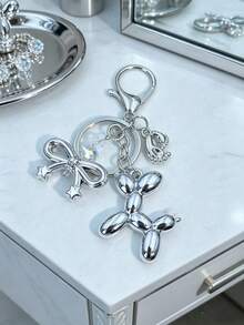 Minimalist Personalized Silver Beaded Crystal Butterfly Foot Balloon Puppy Keychain, Suitable For Daily Women's Bag Accessory And Holiday Gift - Silver - View 3