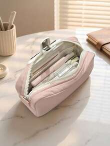 1pc Minimalist Japanese Style Solid Color Student Pencil Case, Large Capacity Fabric Desktop Stationery Storage Box, Fresh Artistic Learning Daily Stationery Bag, Can Store Calculator, Notebook And Pens - Suitable For School, Office And Travel Use - Suitable For Students, Professionals, Unisex, Multi-Functional Storage Box, Zipper Closure, Pencil Case - Multicolor - View 3