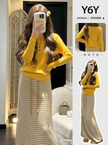 Y6Y 2026 Korean Style Gorgeous Yellow Women's Early Autumn Unique Bright Color Striped Knit Top - Yellow - View 6