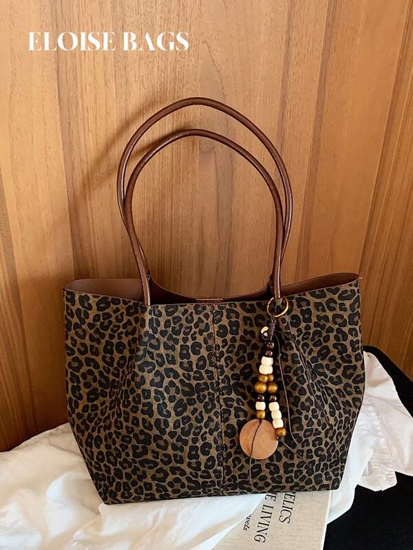 Vintage Leopard Print Large Capacity Tote Bag, Dark Brown Hand-Carved Wooden Bead Pendant, Casual Commute Women's Shoulder Bag