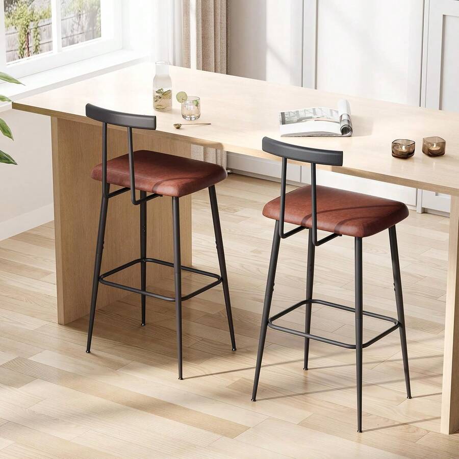 2026-NEW:de 2 taburetes de bar altos con respaldo y reposapiés, sillas de bar con altura de mostrador, taburetes industriales con cojín de piel sintético, para cocina, comedor, bar, café (negro - Marrón - Ver 1