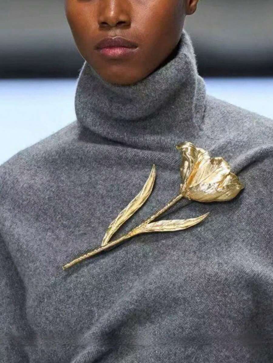 1PC European & American Vintage Luxury Exaggerated Metallic Leaf & Flower Brooch, For Women's Daily, Party, Date Wear - Silver - View 1