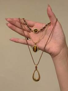 3pcs Vintage Tiger Eye Stone Chunky Curb Chain & Snake Chain With Brown Rope Hollow Teardrop Pendant Layered Necklace Set, Women's Daily Accessory - Multicolor - View 2