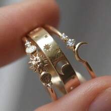 3pcs/Set Vintage Elegant Handmade Star, Moon & Sun Rings, Inlaid With Shiny Synthetic Zirconia, Stackable Rings For Women, Exquisite Gift - Gold - View 1