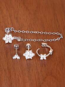 4PCS Fashion Zirconia Flower Tassel Chain Pendant Earrings Set For Women Stainless Steel Clover Ear Stud Cartilage Piercing Jewelry - 4PCS - Silver - View 4