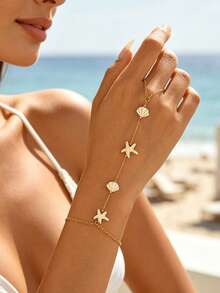 1pc Summer Beach Vacation Style Starfish & Shell Decor Stainless Steel Finger Bracelet, Popular Versatile Minimalist Single Gold Bracelet, Fashion Women's Hand Jewelry Suitable For Daily Wear And Vacation Party, Starfish & Shell Shapes Are Random - Multicolor - View 1