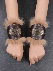 1 par de protectores de muñeca vikingos, brazaletes unisex ajustables de cuero PU con ribete de piel sintética, decoración de metal con cabeza de toro vintage, accesorios de disfraz de vaquero occidental y renacentista, accesorios de COS medieval, accesorios de disfraz de Halloween - Decoraciones de manos - Ver 7