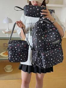 Dedoo Colorful Star Print 3Pcs Backpack Set, Label Decor Multi Zipper Pockets Adjustable Straps Student Bag For School Daily Travel Without Pendant - Black - View 2