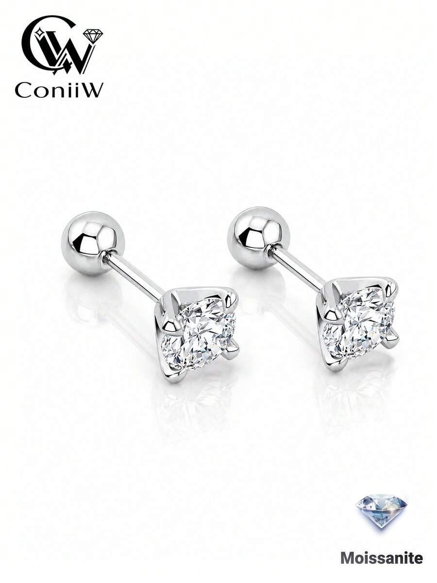 ConiiW 一對 925 純銀 0.3/0.5/1/2 克拉四爪球形耳環，中性款，適合日常配戴與校園穿著