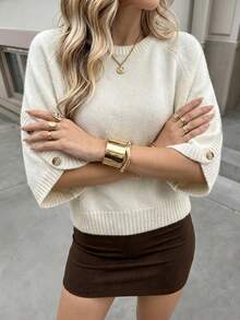 Women's Casual Autumn/Winter Solid Beige Round Neck Batwing Sleeve Knit Sweater With Button Design/Daily Commute Office Pullover - Apricot - View 6